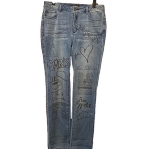 Ashro Paris Pattern Themed Denim Straight Leg Jeans